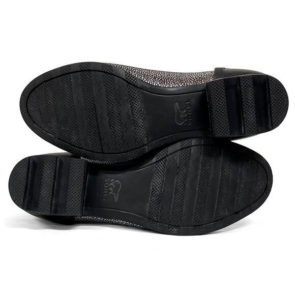 Sorel Janey Chelsea Boots Sz 10 Black Silver Short Ankle Rubber Rain Booties - Picture 8 of 11